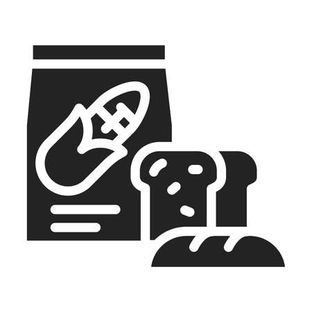 Flour package and healthy bread black glyph icon. Fiber source. Baking production. Proper nutrition.のイラスト素材