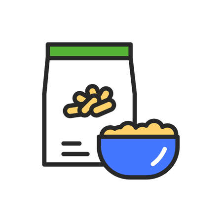 Rice package and bowl of porridge color line icon. Healthy, organic food. Proper nutrition. Isolated vector element. Outline pictogram for web page, mobile app, promoのイラスト素材