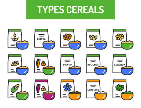 Types cereals packages and bowl of porridge color line icons set. Healthy, organic food. Proper nutrition. Isolated vector element. Outline pictogram for web page, mobile app, promoのイラスト素材