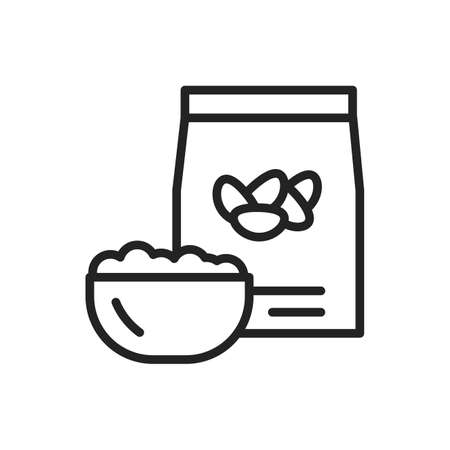 Beans package and bowl of porridge black line icon. Healthy, organic food. Proper nutrition. Isolated vector element. Outline pictogram for web page, mobile app, promoのイラスト素材