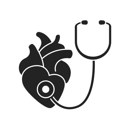 Cardiology black glyph icon. Medical checkup. Outline pictogram for web page, mobile app, promo.のイラスト素材