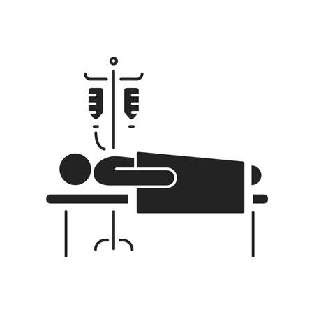 Man in hospital ward with dropper black glyph icon. Postoperative therapy. Isolated vector element. Outline pictogram for web page, mobile app, promo.のイラスト素材