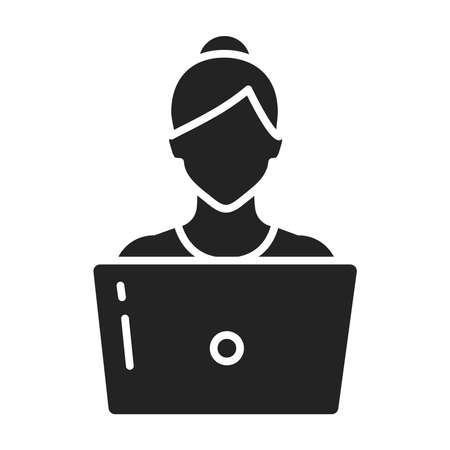 Girl at the laptop black glyph icon. Remote work freelancer. Home leisure. Isolated vector element.のイラスト素材