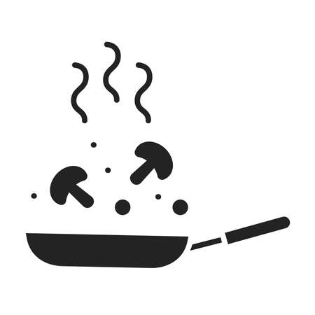 Cooking process black glyph icon. Fry food in a pan. Home leisure. Isolated vector element.のイラスト素材