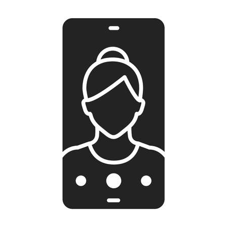Video call on smartphone screen black glyph icon. Player window with faceless woman element. Virtual communication. Home leisure.のイラスト素材