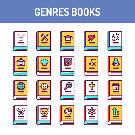 Genres of books color line icons set. Vector illustration. Outline pictogram for web page, mobile app, promoのイラスト素材
