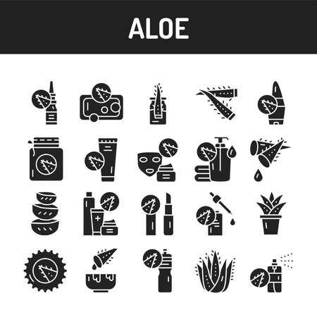 Aloe black glyph icons set. Vector illustration. Outline pictograms for web page, mobile app, promoのイラスト素材