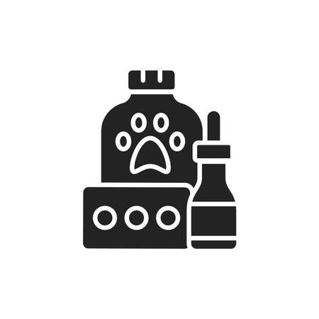 Tablets for treatment of animal diseases black glyph icon. Pill bottle and blister. Isolated vector element. Outline pictogram for web page, mobile app, promo. Vector illustrationのイラスト素材