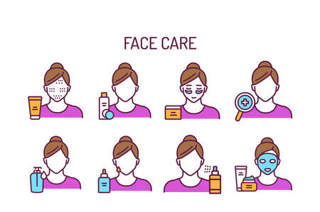 Skin care line color icons set. Girl and cosmetic products vector elements. Skin care. Outline pictograms for web page, mobile app, promoのイラスト素材