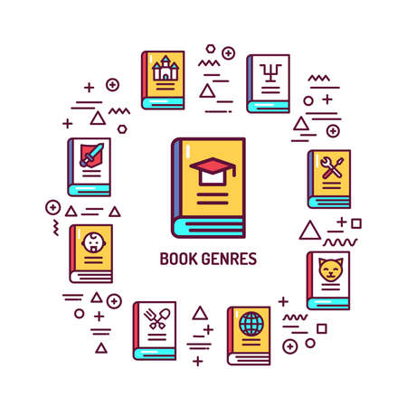 Book genres web banner. Infographics with linear icons on white background. Creative idea concept. Isolated outline color illustration.のイラスト素材