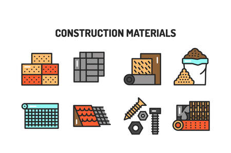 Construction materials color line icons set. Pictograms for web page, mobile app, promo. Editable stroke.のイラスト素材