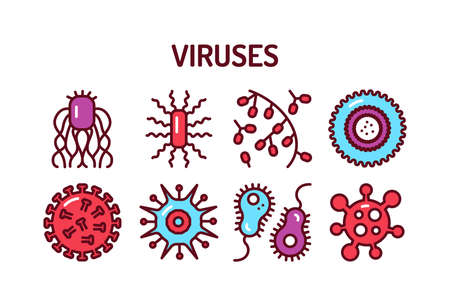 Viruses color line icons set. Isolated outline color element. Editable stroke.のイラスト素材