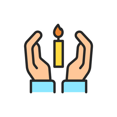 Hands holding condolence candle color line icon. Isolated vector element. Outline pictogram for web page, mobile app, promoのイラスト素材