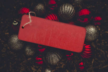 Blank red bar with Christmas bulbs for holiday writing, blogging, lettering, website and more.の写真素材