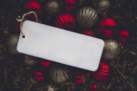 Blank White Bar on Christmas Bulbs Holiday Backgroundの写真素材