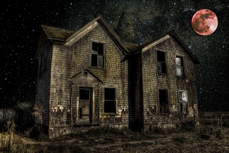 Haunted House with Blood Moon, Color Image, Nightの写真素材