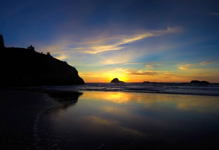 The Beach at Sunset, A panoramic color image of the beach at sunset. Taken near Trinidad, California, USA.の写真素材