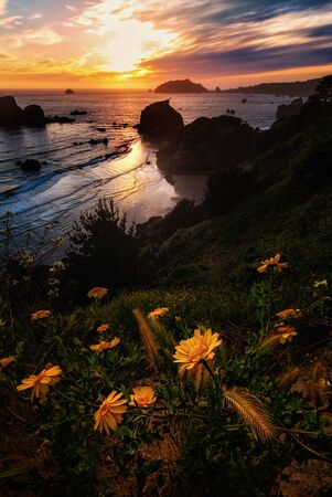 Color image of a beautiful sunset overlooking the Pacific Ocean in Northern California.
