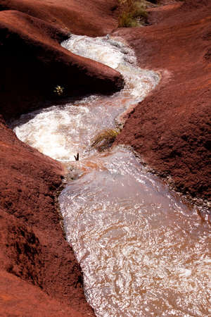 Water running in a stream down the bright red dirt of Waimea Canyon in Kauaiの写真素材