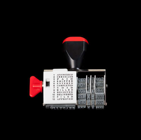 Isolated stamp with various actions and date of those actions in a black and red stampの写真素材
