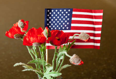 Small toy flag of stars and stripes with artificial flowers surrounding the flag as if made by a childの写真素材