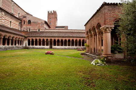 Cloister of San Zeno church in Verona showing ornate arches and carvingsのeditorial素材