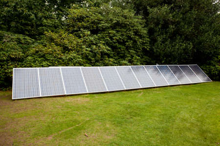 Row of solar panels beside garden hedge facing the sun