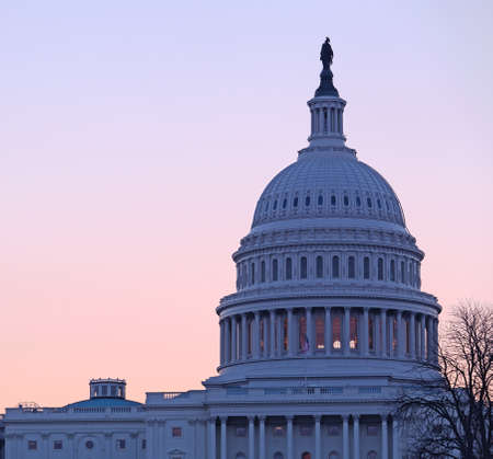 Brightly lit dawn sky behind the illuminated dome of the Capitol in Washington DC with the Statue of Freedom in the sunlightの写真素材