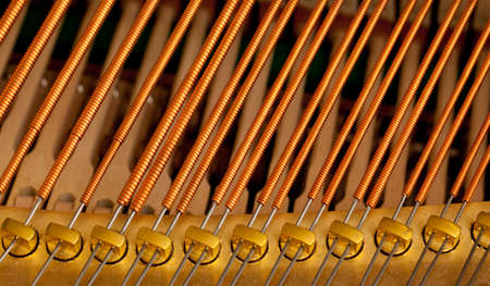 Close up image of interior of grand piano showing strings and structureの写真素材