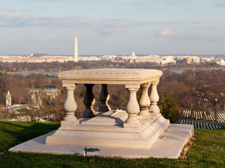 Memorial table outside Arlington House in Cemetery overlooks Washington DC at sunsetのeditorial素材