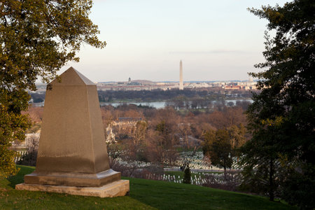Memorial to Civil war near Arlington House in Cemetery overlooks Washington DC at sunsetのeditorial素材