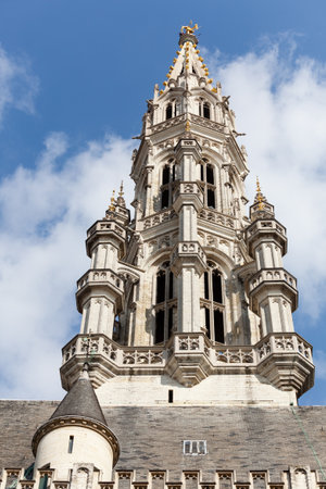 Ornate Brussels Town Hall in Grand Place with detail of towerのeditorial素材