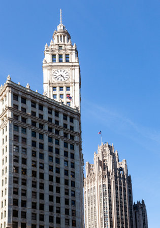 Tribune Tower in Chicago fronted by the Wrigley building and clock tower