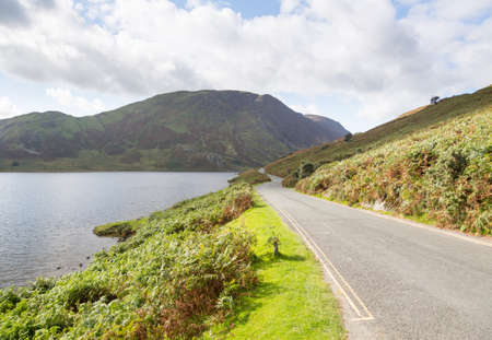 View of Crummock Water with road in English Lake District
