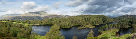 Panoramic view over Tarn Hows in English Lake District