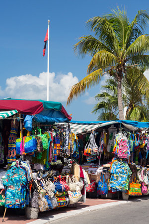MARIGOT, SAINT MARTIN - NOVEMBER 1: Clothes stall in street market in Marigot, St Martin on November 1, 2012. Marigot is the capital for French St Martin.のeditorial素材