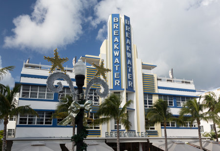 MIAMI BEACH, FLORIDA - 3 DECEMBER. The facade of art deco Breakwater Hotel in Miami Beach on December 3, 2012. The hotel created in 1936 by Yugoslavian architect Anton Skislewiczのeditorial素材