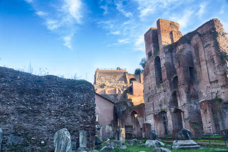 Details of remains and ruins in Ancient Rome Italy showing Capanne del Palatinoの写真素材