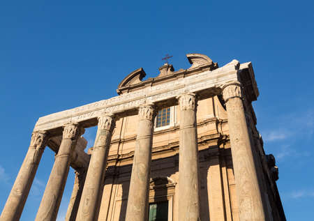Details of remains and ruins in Ancient Rome Italy showing Temple of Antoninus and Faustinaの写真素材