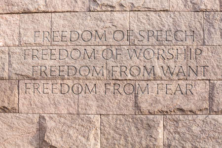 Detail of quotation about freedom at memorial monument to President Franklin Delano Roosevelt in...