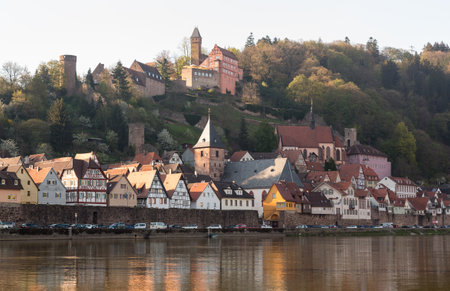 Ancient town village of Hirschhorn in Hesse district of Germany on banks of Neckar riverのeditorial素材
