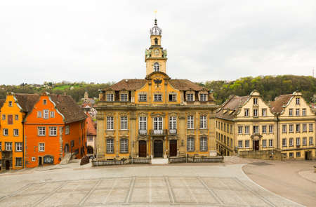 The Town hall of Schwabisch Hall in Southern Germany in the city square. This is empty of tourists on a relatively cold day in spring.の写真素材
