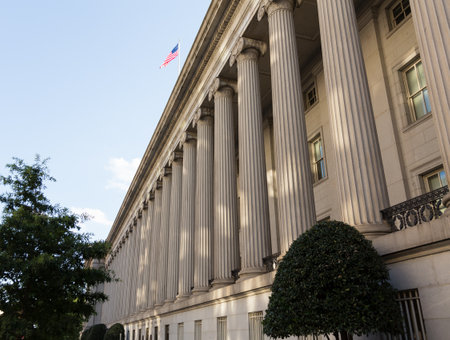 Treasury Building in Washington, D.C. is a National Historic Landmark building which is the headquarters of the United States Department of the Treasury. An image is featured on the back of the United States ten-dollar bill. 1836-1869.のeditorial素材
