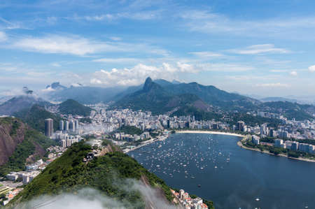 Aerial view of city and harbor of Rio de Janeiro in Brazil from cable car on Sugarloaf Mountainの写真素材
