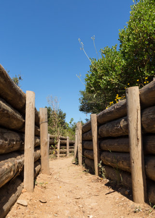 Recreation of army trench and dugouts at the memorial to all the fallen soldiers and sailors from Allied forces that fought in Gallipoli campaign in First World Warのeditorial素材