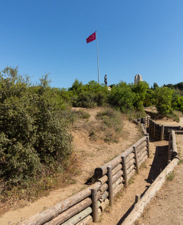 Recreation of army trench and dugouts at the memorial to all the fallen soldiers and sailors from Allied forces that fought in Gallipoli campaign in First World Warのeditorial素材