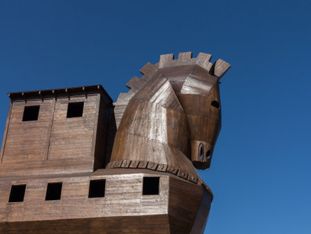 Details of the head of the replica Trojan Horse created from wood at Turkish site of Troyのeditorial素材
