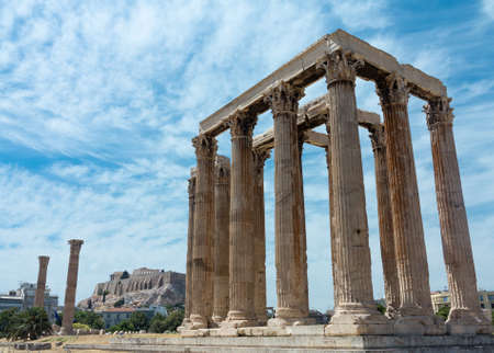 The Temple of Olympian Zeus also known as the Olympieion or Columns of the Olympian Zeus, is a colossal ruined temple in the centre of the Greek capital Athens that was dedicated to Zeus, king of the Olympian gods.の写真素材