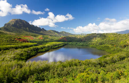 Traditional hawaiian fish pond known as Menehune or Alekoko near Lihue on Kauai in Hawaiiの写真素材