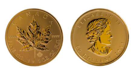 Pair of gold maple leaf one troy ounce golden coins from Canadian Treasury in uncirculated conditionのeditorial素材